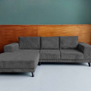 Compacte grijze hoek bank Groningen Ribstof Corduroy Granite links