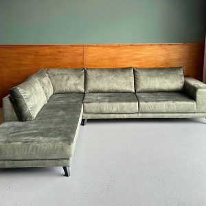 Grote goedkope hoekbank Velours Velvet Olive links