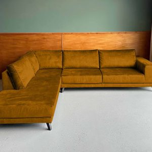 Grote hoekbank goudkleur Velours Velvet Gamboge links