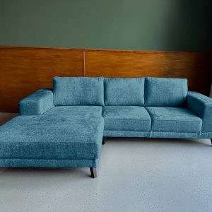 Boucle Teddy stof Deep Teal links Compacte goedkope hoekbank Leeuwarden