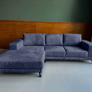 Boucle Teddy stof Navy Blue hoekbank blauw links aanbieding Drenthe