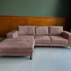 Boucle Teddy stof Shadow Beige hoekbank links aanbieding Friesland