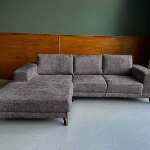 Boucle Teddy stof zwarte hoekbank Calm Grey links goedkope grijze hoek bank Friesland