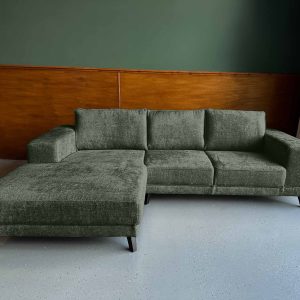 Boucle stof Teddy hoekbank Dark Jungle Green links aanbieding Friesland