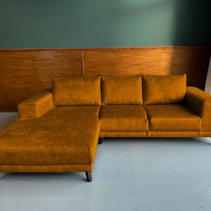 Compacte hoek bank goud fluweel gouden kleur Velvet Velours Gamboge links