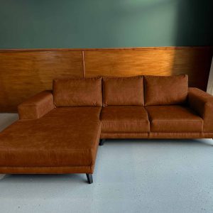 Kleine bruine hoek bank bruin fluweel Velours Velvet Seal Brown links