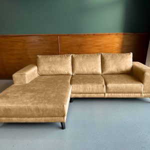Kleine hoekbank zandkleur Velvet Velours fluweel Cane links