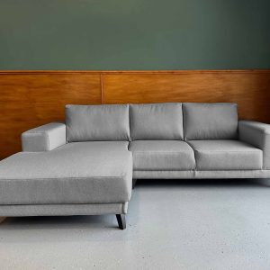 Kleine licht grijze hoekbank Grijze geweven stof Sonic Grey links