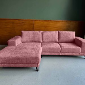 Roze hoekbank Boucle Teddy stof Rosy Pink warme hoekbank links Drachten