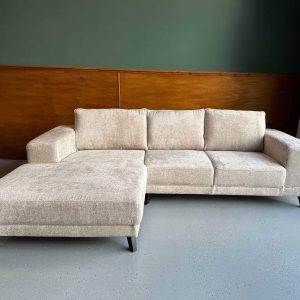 Teddy stof Bouclestof hoekbank links Timberwolf Cream licht grijze bank Friesland