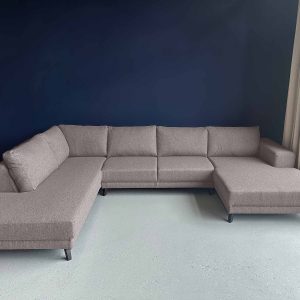Ruime familiebank hoekbank aanbieding Drachten grof geweven stof Wenge links