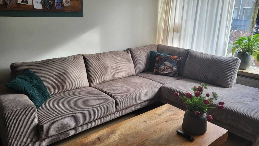 Ruimte hoekbank aanbieding Meppel - Rib stof Corduroy Cinereous - klant foto
