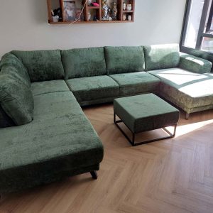 Groene U-bank kopen Drachten - Bouclé Teddystof hoekbank - Jungle Green - klant foto