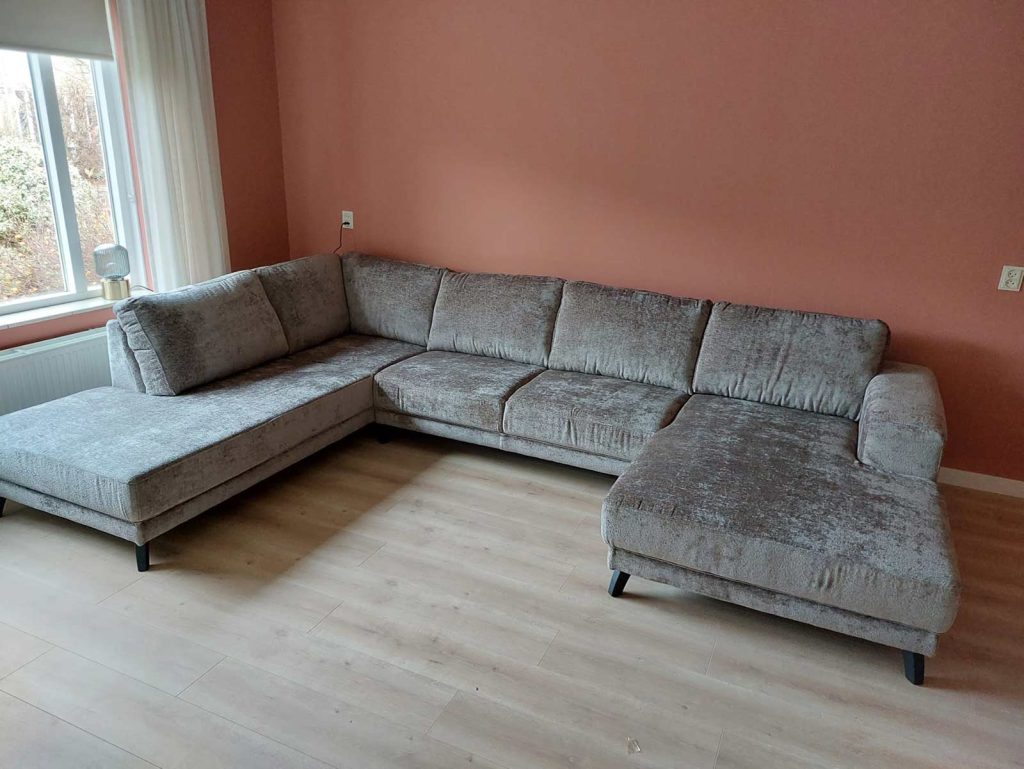 Grote u-bank Teddystof - Bouclé bankstel - Shadow Beige - klant foto