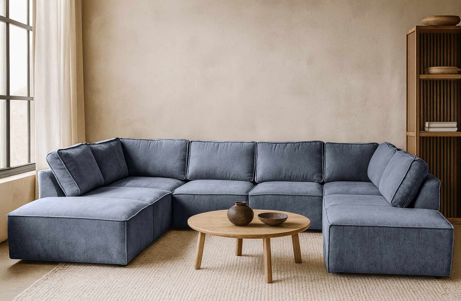 Elementen look U-bank Bouclé stof - Blauw grijze hoek bank - Auro Blue