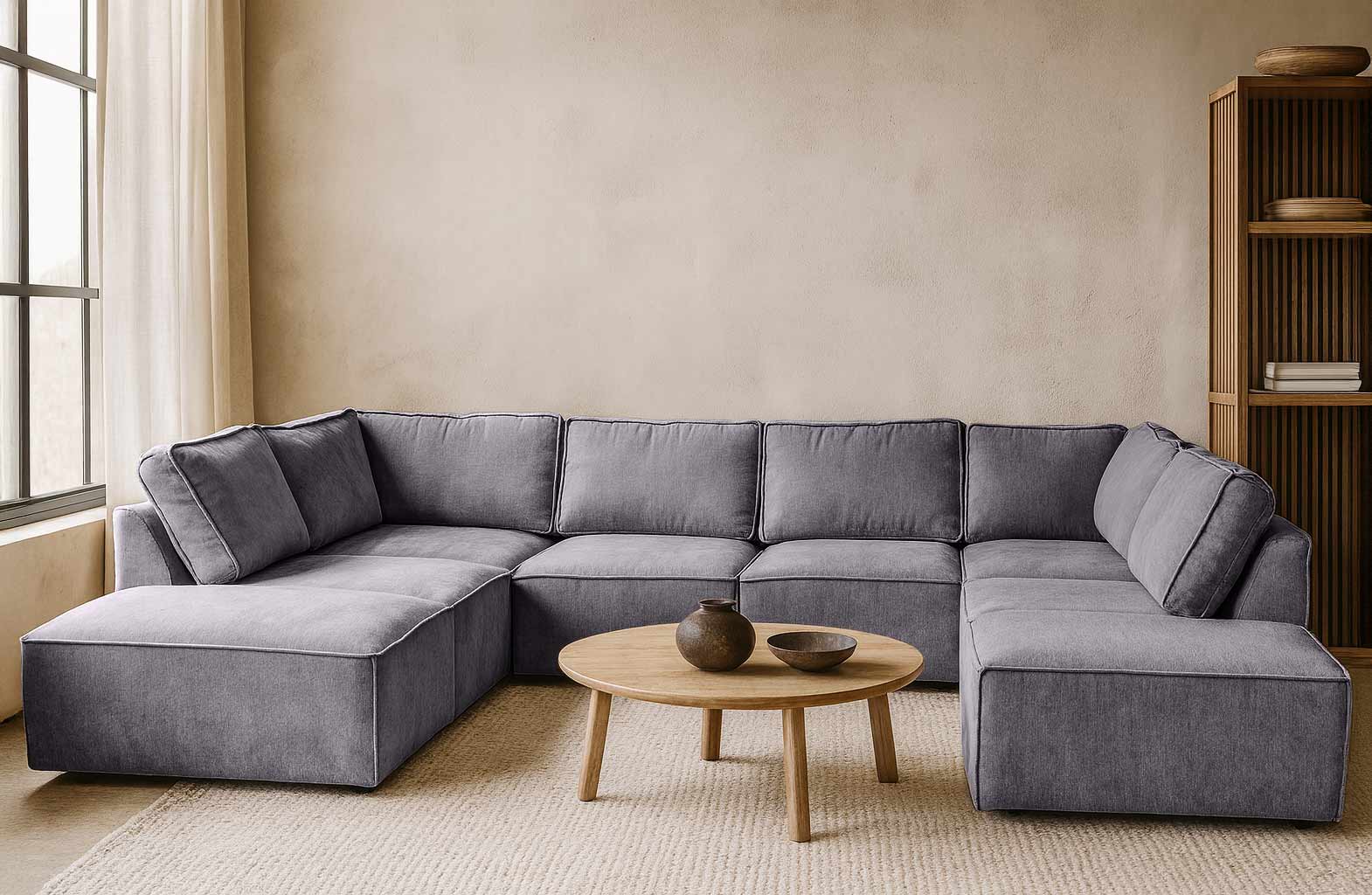 Elementen look U-bank Bouclé stof - Lichtgrijze grote hoekbank - Argent Grey