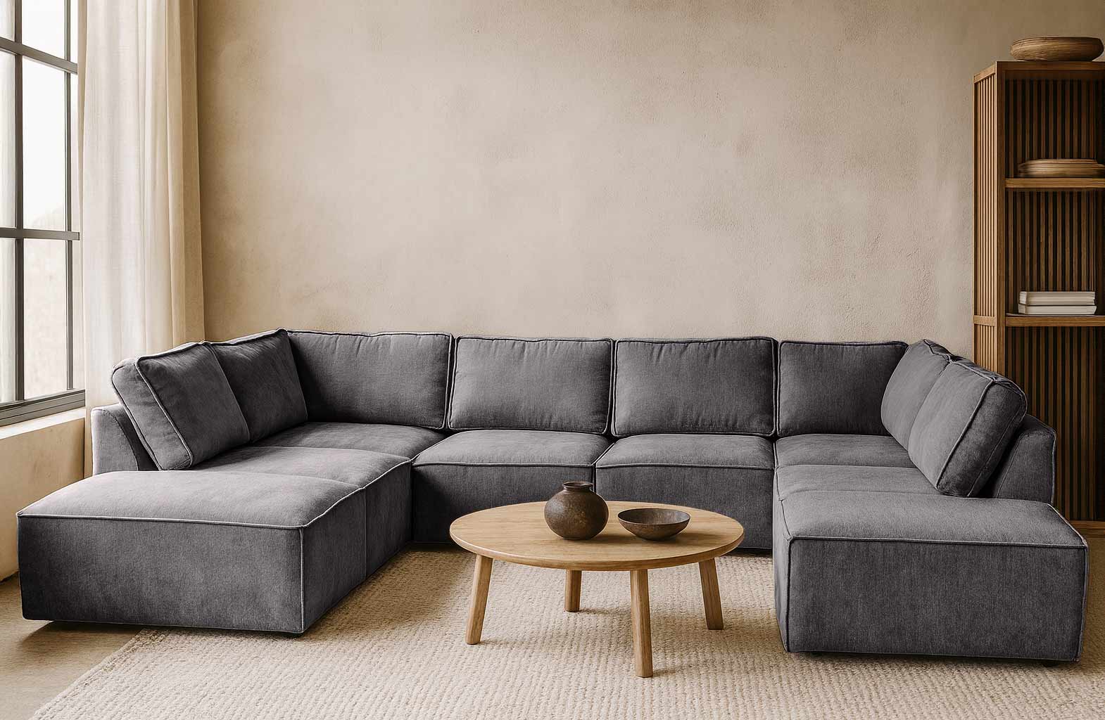 Elementen look U-bank Teddy stof - grijze grote hoekbank - Calm Grey