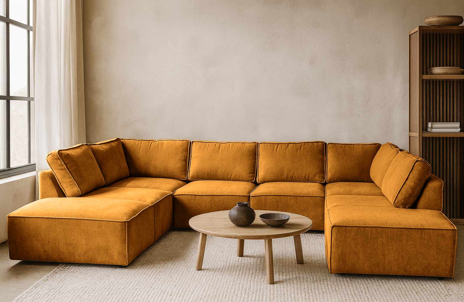 Fel gele elementen hoekbank Bouclé Teddy stof - U-bank geel - Earth Yellow