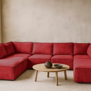 Fel rode elementen hoekbank Bouclé Teddy stof - U-bank rood - Flame Red