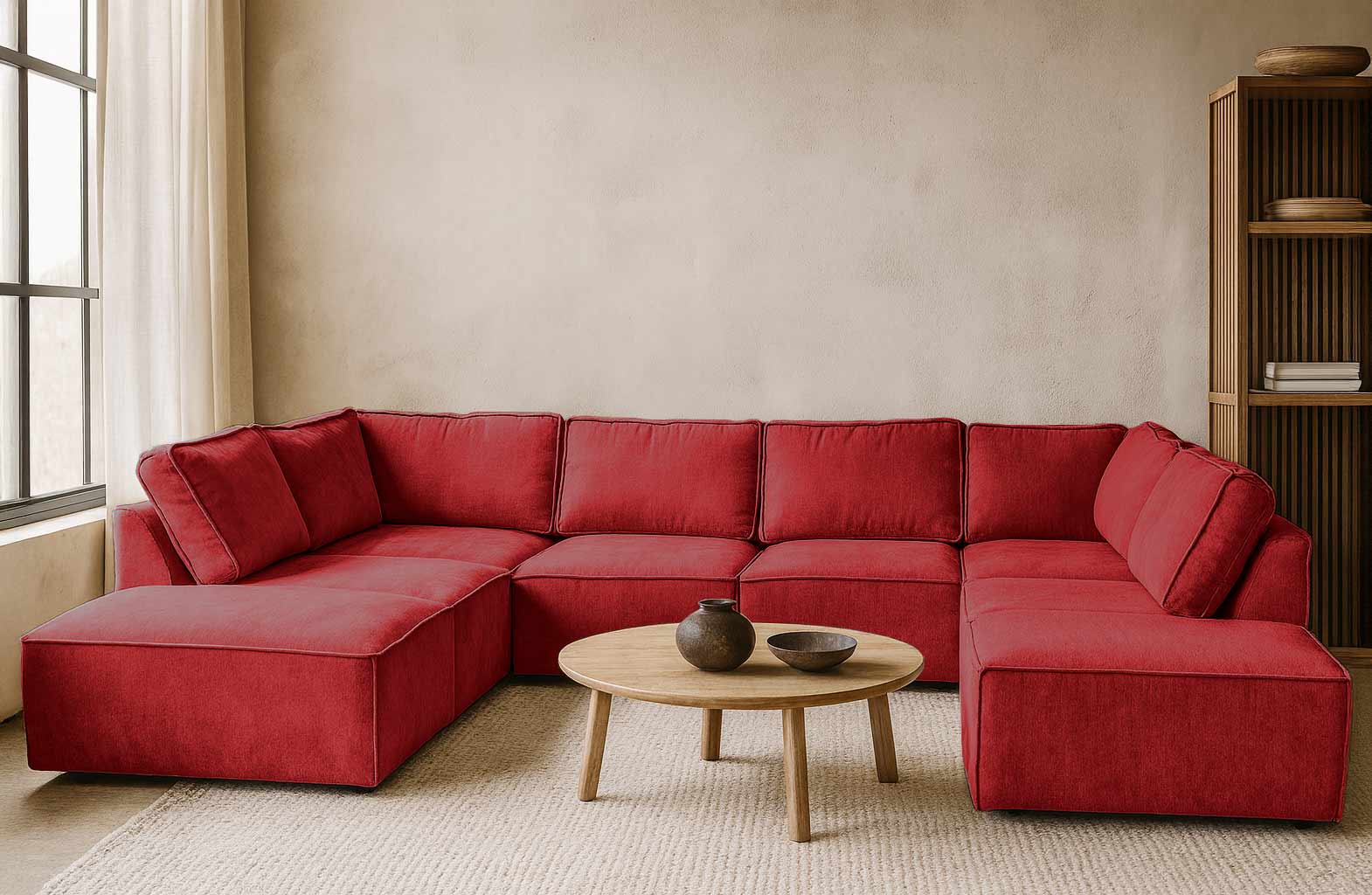 Fel rode elementen hoekbank Bouclé Teddy stof - U-bank rood - Flame Red