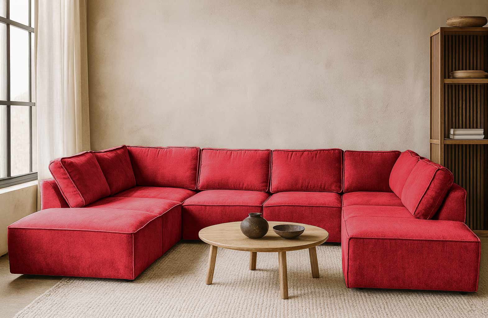 Rode elementen hoekbank Bouclé Teddy stof - U-bank rood - Maroon Red