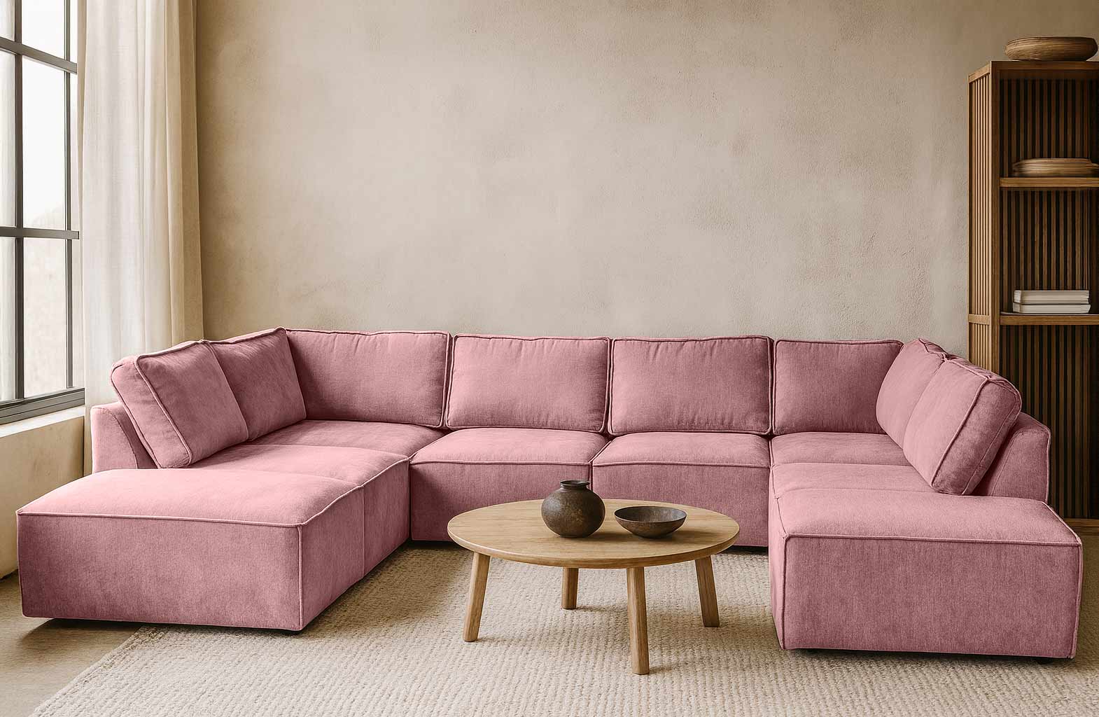 Roze elementen hoekbank Teddy Bouclé stof - Roze U-bank - Rosy Pink